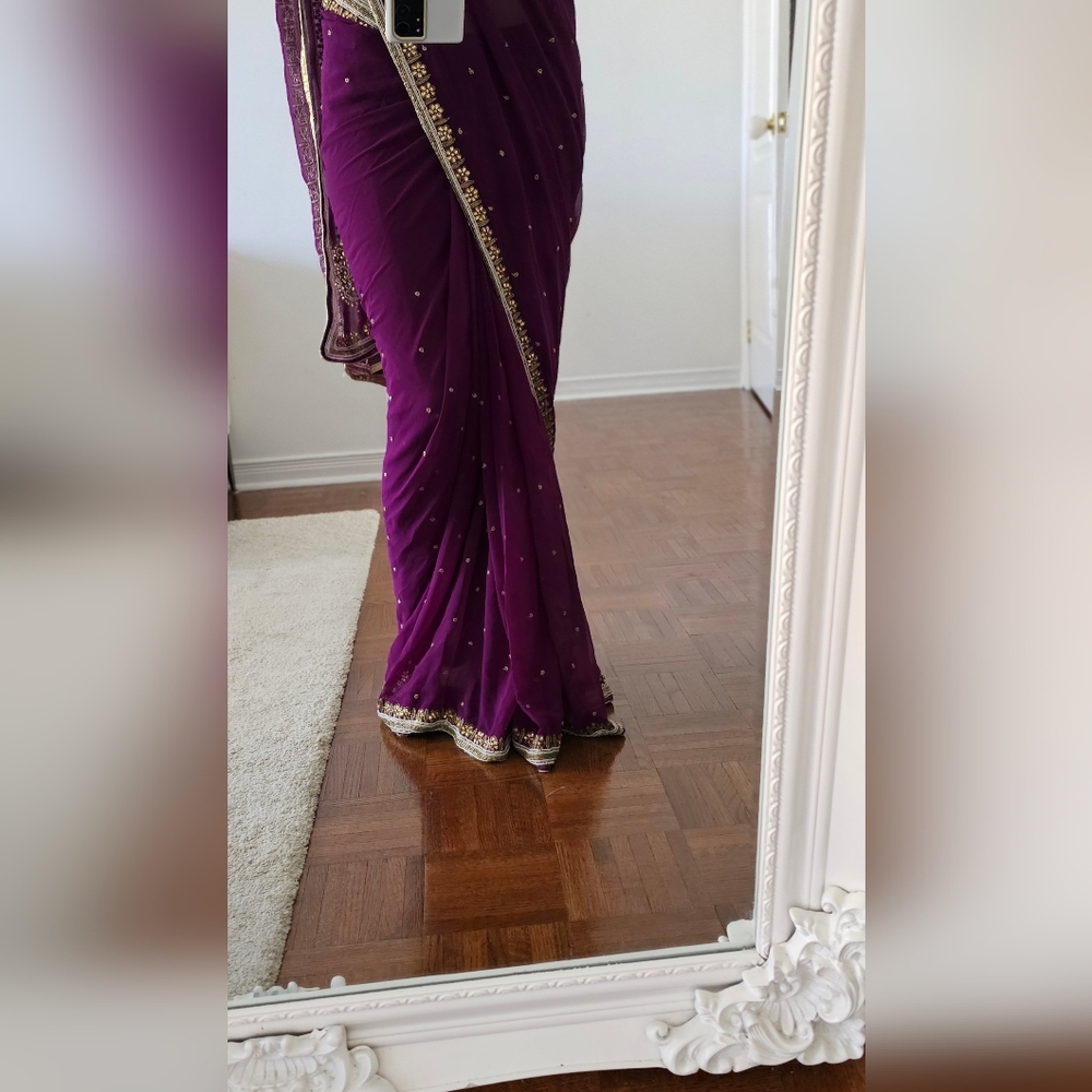 Purple and Gold Ready-made Saree